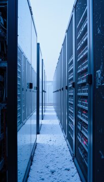 Snow-Covered Data Center Aisle with Reflective Glass Panels at Dawn