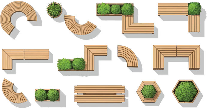 Top view vector set of modular wooden park benches and garden planters for landscape design and urban architectural planning