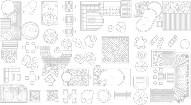 Landscape design plan symbols and garden elements collection for architectural site planning and outdoor space layout vector illustration
