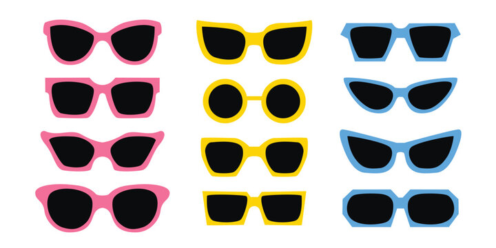 Sunglasses with black lenses and bright frames set. Collection of women s summer accessories. Various eyeglass shapes clip art, vector graphics