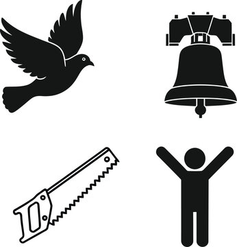 Black and white icons of dove liberty bell man and saw