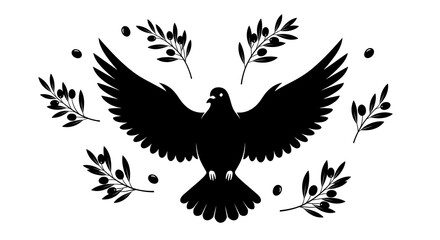 Naklejka premium Black dove with olive branches flying peace symbol