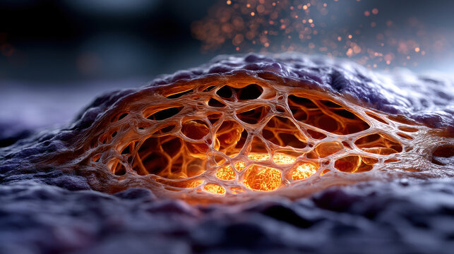 Futuristic cell glowing mitochondria cell cross section organic structure biological texture sci fi background orange light cellular network microscopic view medical concept Futuristic cell