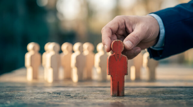Man hand picking red wooden figure from group of beige ones. Human resources recruitment concept. Choosing talented employee for business development, leadership and talent management strategy.