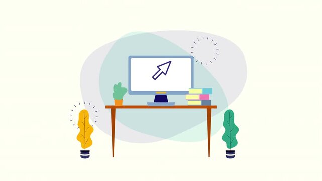 Minimalist workspace animation featuring computer desk plants and floating cursor icon in flat motion style.