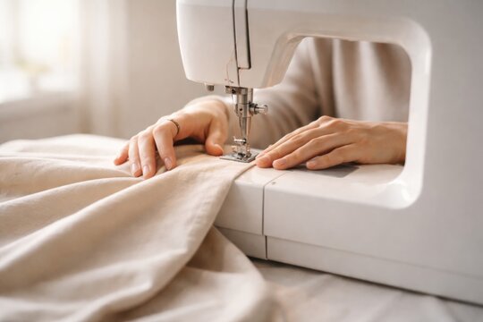 A person uses a sewing machine to stitch beige fabric, focusing on the fabric guiding and needle area.