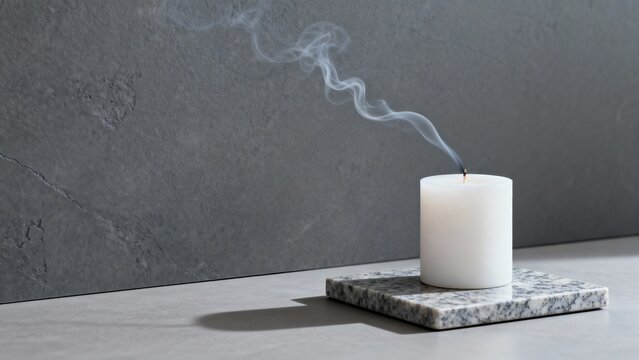 Extinguished white candle on granite coaster with smoke, professional high detail commercial stock image with modern composition, natural lighting and versatile creative design for branding adv siyam