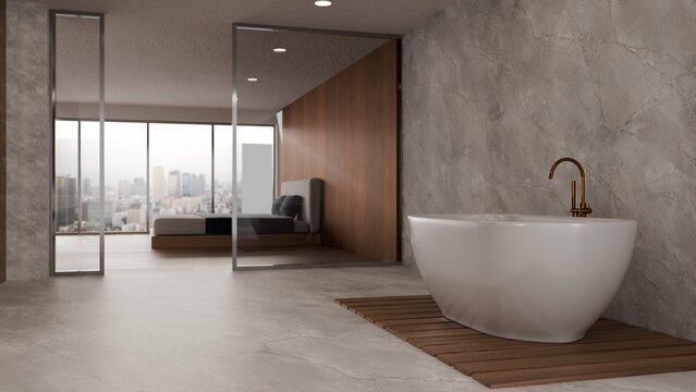 Elegant contemporary bathroom with freestanding bathtub marble walls and panoramic bedroom cityscape 3D render