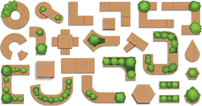 Top view landscape design elements set with wooden decks walkways and green bushes for garden planning site maps vector illustration