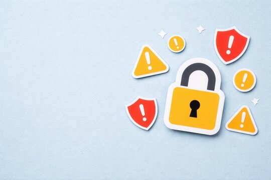 Illustration of a closed padlock surrounded by warning symbols on a light blue background, symbolizing security and potential risks or threats.