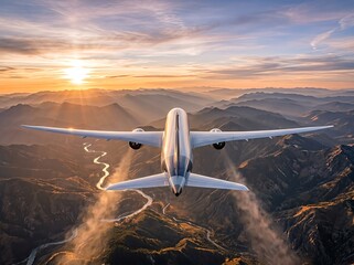 Fototapeta premium Airplane flying over mountains with the sun rising, creating a scenic view.