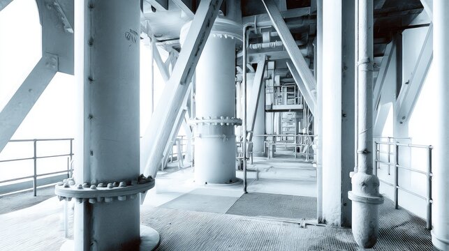 Industrial structure made of robust steel and metal pillars creating a strong framework, defining an architectural construction for heavy industry concepts and engineering design