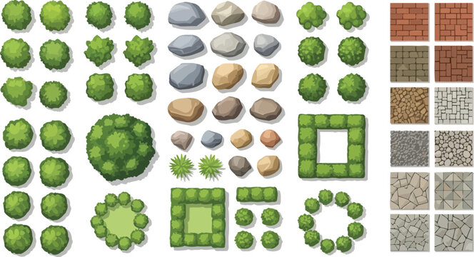 Top view landscape design elements set with bushes trees rocks and paving textures for garden planning vector illustration