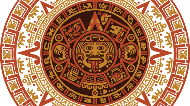 Aztec Calendar Stone Ancient Mesoamerican Illustration Isolated on White