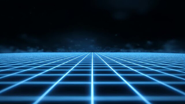 A futuristic, glowing grid pattern stretches into the distance against a dark, blurred background, evoking a sense of digital space and technological advancement.