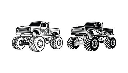 Heavy duty monster truck with flame decals in outline and solid black silhouette vector format © Abstract