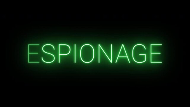 Flickering neon green glowing espionage sign animated black background.