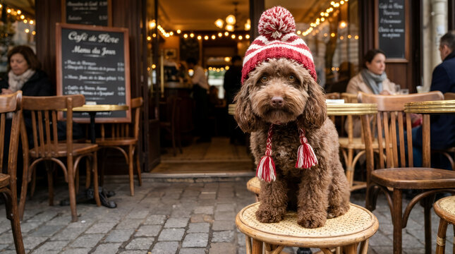 Brown poodle dog wearing a red pom pom hat sitting on a cafe chair. Banner of cute puppy outdoors at a Parisian bistro terrace in winter. Travel, pets and lifestyle concept banner with copyspace.