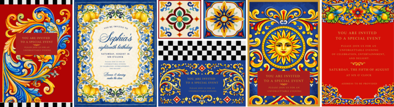 Sicilian invitation and poster set with ornate ceramic tiles, lemons, floral scrolls and sun motif. Vibrant italian mediterranean vector templates for events, cards and decor.