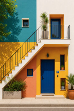 Vibrant Modern House Facade with Bold Colors and Exterior Staircase
