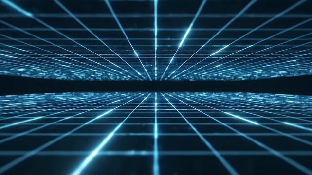 A mesmerizing digital artwork depicts a futuristic tunnel of glowing blue lines converging towards a vanishing point, creating a sense of depth and technological wonder.
