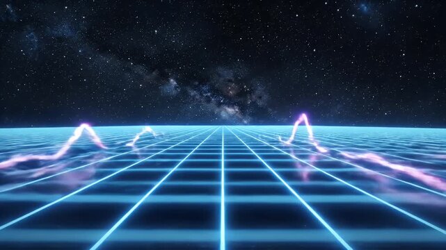A mesmerizing digital landscape featuring glowing blue grids and waveforms against a backdrop of a starry night sky creates a futuristic and otherworldly visual experience.