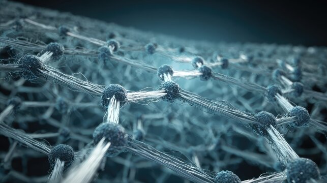 Microscopic molecular grid forming a neural network or quantum physics structure, illustrating advanced technology and intricate biological connections at a cellular level