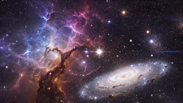 A vibrant and detailed image showcases a swirling nebula with bright stars and a distant galaxy, creating a stunning cosmic landscape.