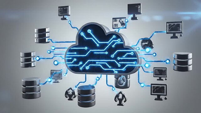 A futuristic digital illustration depicts a cloud computing network with interconnected servers and devices, symbolizing data storage and transfer.