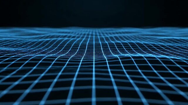 A futuristic, glowing blue grid pattern stretches into the distance against a dark background, creating a sense of depth and technological advancement.