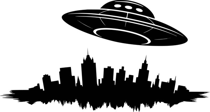 Black silhouette of a flying saucer hovering over a city skyline alien spaceship