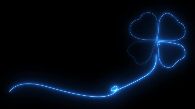 Continuous neon one line drawing of four leaf clovers. Three leaves clover, Good luck floral symbol in simple linear style. Concept for web banner Saint 4k animation video.