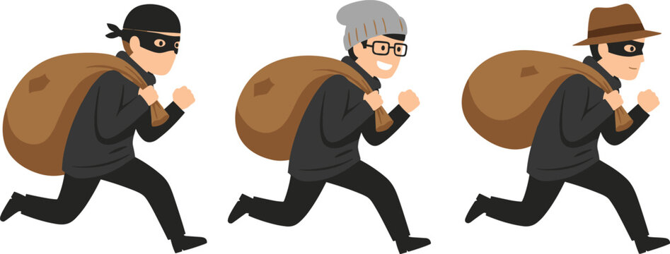 Cartoon thief character collection with masked burglars carrying money bags for crime and security design projects