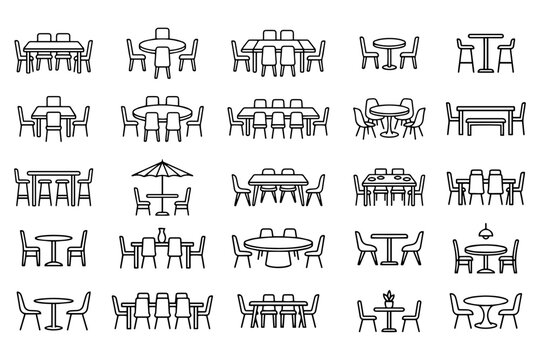 Dining Table and Chair Line Icon Set Vector Furniture Symbols for Restaurant Home Interior Layout Design