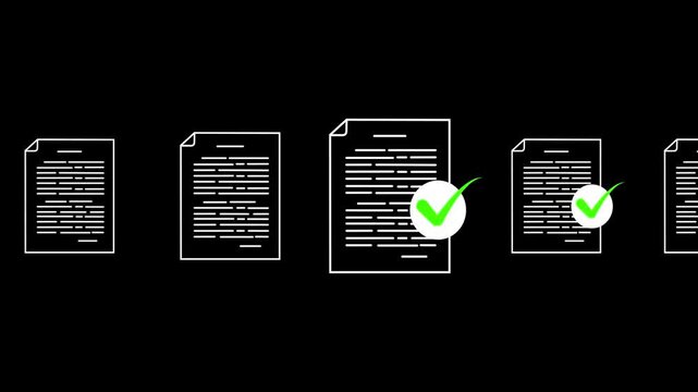 Animated documents with green check-mark moving left to right, perfect for visualizing success. Get this stock footage with Black background 4k animation video.