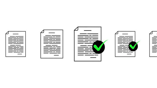 Animated documents with green check-mark moving left to right, perfect for visualizing success. Get this stock footage with transparent background 4k animation video.
