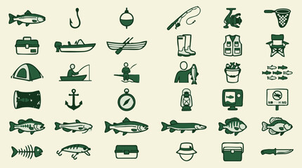 Fishing and Camping Outdoor Gear and Activity Icons Vector Set © ObStock