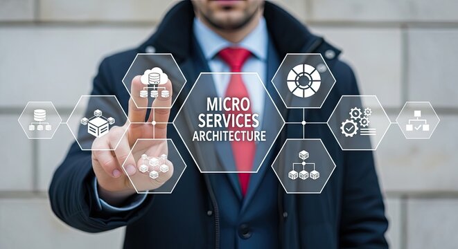 A person in a business suit touches the central node of a complex digital microservices architecture diagram composed of interconnected hexagonal icons and system modules.