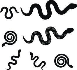 Obraz premium Set of snake silhouettes and spiral shapes isolated on white background reptile icons for tattoo logo and design