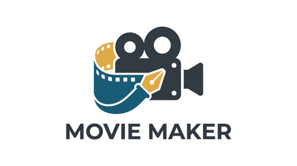 Fototapeta premium A stylish logo design featuring a film camera and a pencil, ideal for a film production company or video editing service focusing on creativity and cinematic storytelling.