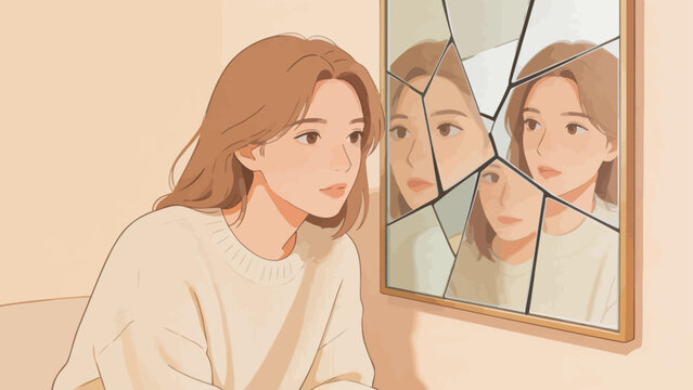 Woman gazing at her fragmented reflection