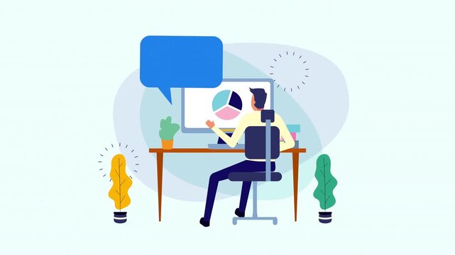 Business analyst working on computer with financial data and pie chart animation.