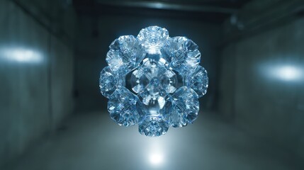 Fototapeta premium Blue transparent crystal object featuring a complex geometric pattern reflecting light in a dark ethereal environment, symbolizing technology, energy, and abstract concepts