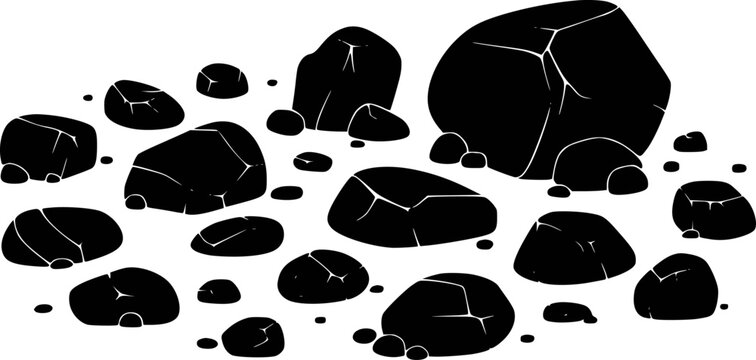 Collection of black silhouette rocks with cracks white background, stones