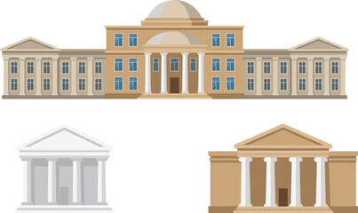 Classical Government Building Vector Set with Large Institutional Buildings Featuring Columns, Pediments, and Domes for Architecture, Education, Landmark, and Civic Illustrations. © Miss