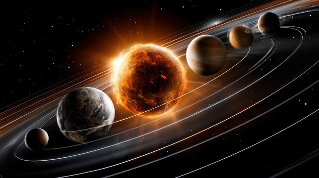 Solar system glowing sun planet orbit cosmic alignment space background astronomy galaxy star science universe glowing sun planet orbit cosmic alignment space background astronomy galaxy star