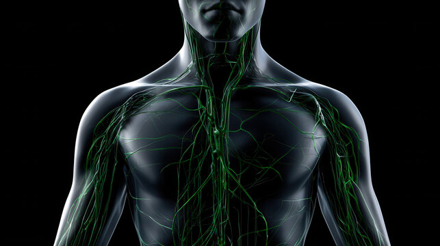 Transparent human body lymphatic system green vein medical anatomy human torso immune system lymph vessel glowing network healthcare 3d render Lymphatic system glowing transparent human body