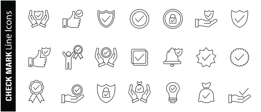 Checkmark and Approved line icon set.  Checklist, accepted, stamp, accept, agree, quality control, collection. Pixel Perfect and Editable stroke. Vector illustration. 