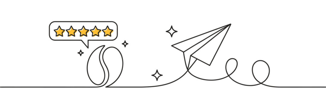 Illustrated graphic design with paper airplane and rating stars