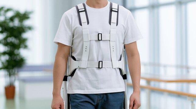 Robotic Exoskeleton in Use: A person walks confidently, showcasing a modern robotic exoskeleton designed to enhance mobility and support physical well-being.